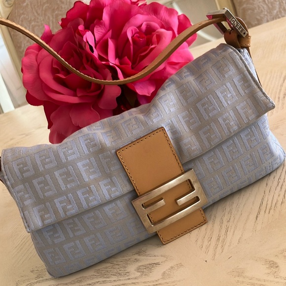 Fendi Handbags - Fendi Blue and Tan Shoulder Bag with Monogram Pattern